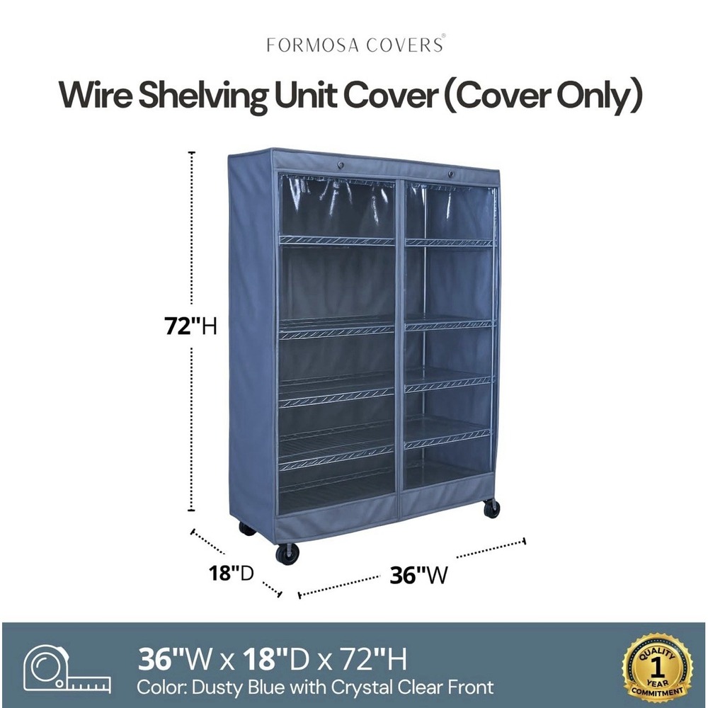 Shelving Rack Cover with One See through PVC Panel in Color Dusty Blue 36x18x72